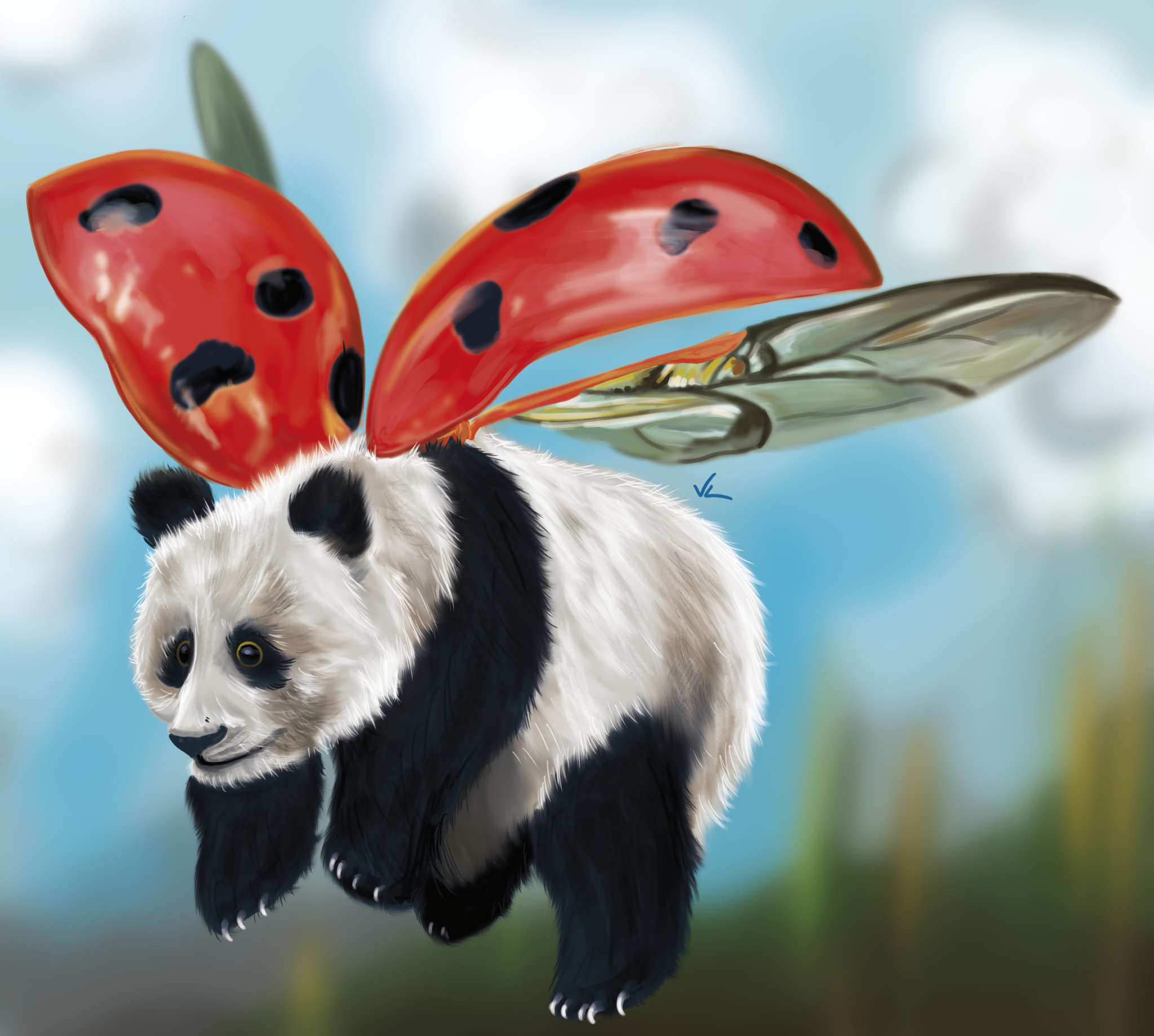 Panda with ladybird wings, digital art