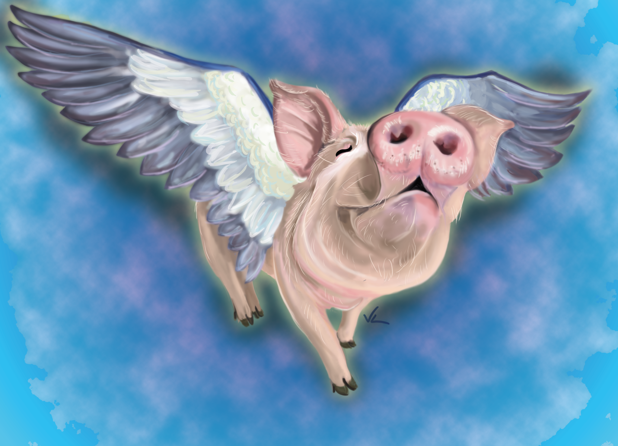 Pink pig with blue and white wings, digital art