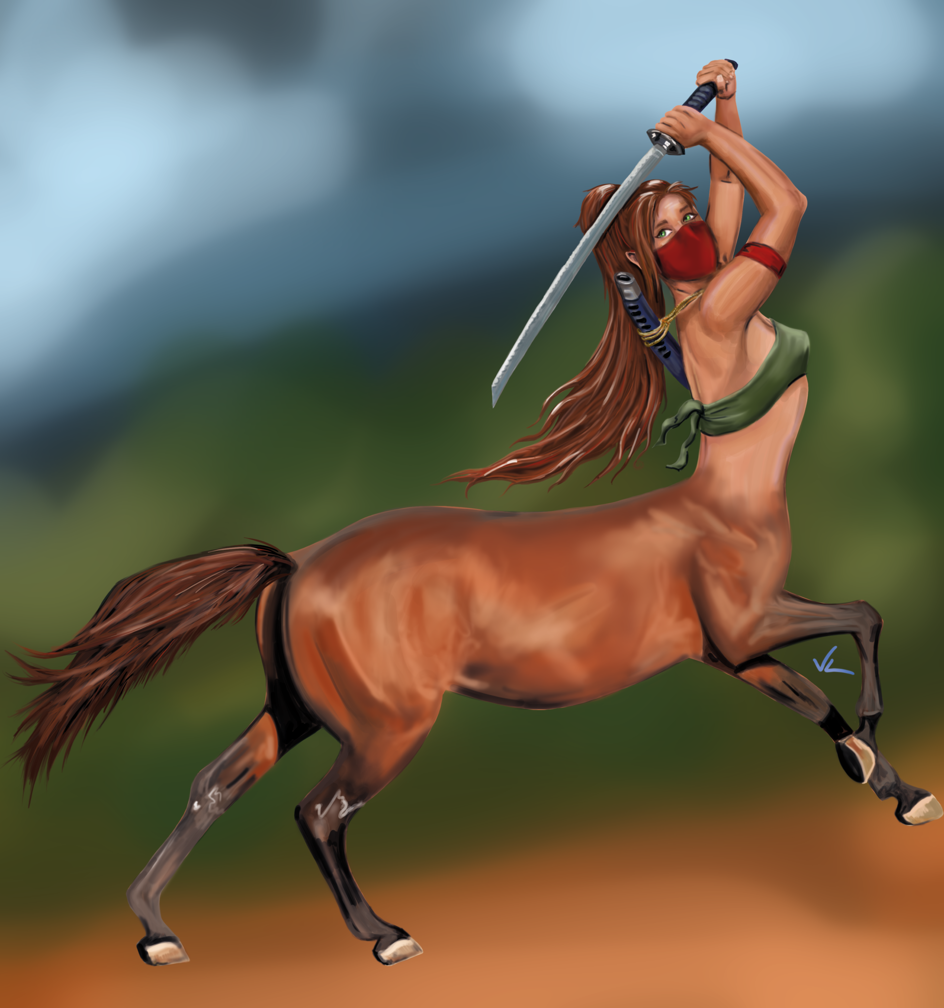 Centaur, brown horse lower body with a woman wielding a katana upper body, digital art