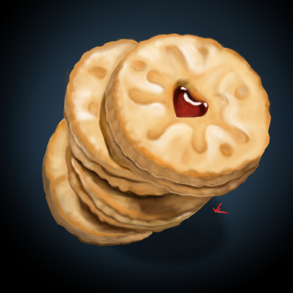 A tower of Jammy Dodger biscuits, digital art