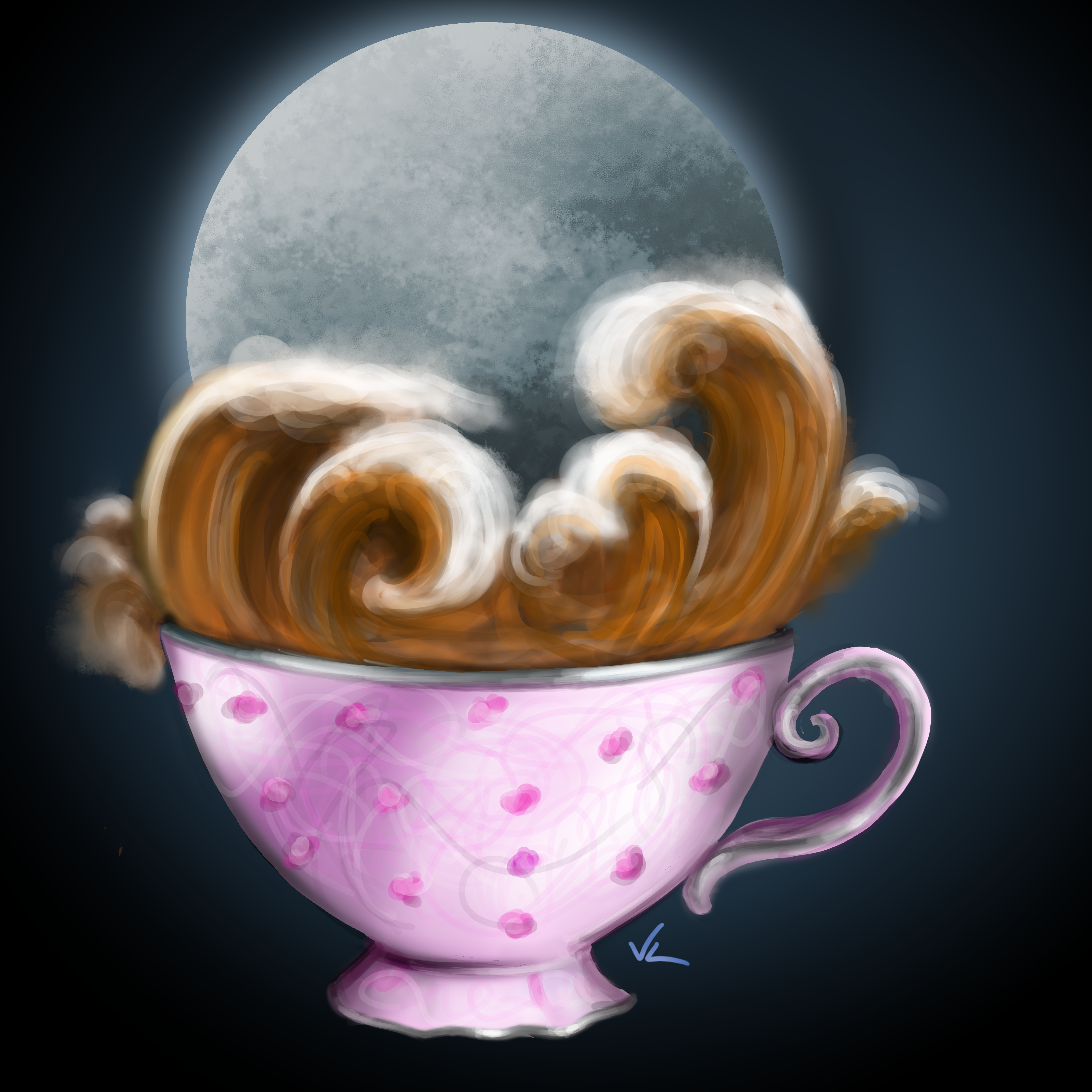 Cup of tea with the tea spilling out like waves and a moon in the background. Digital art