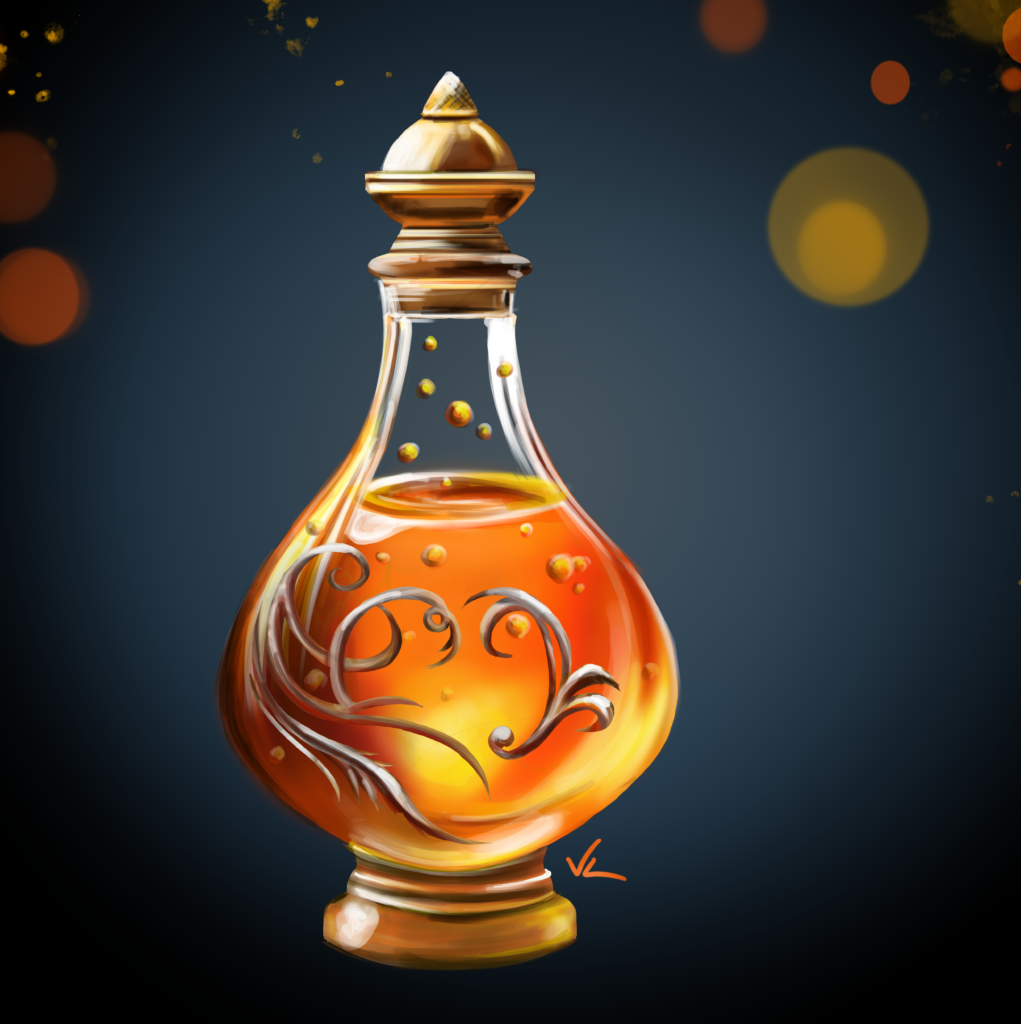 Digital art, a bottle of magical golden liquid and filigree on the bottle