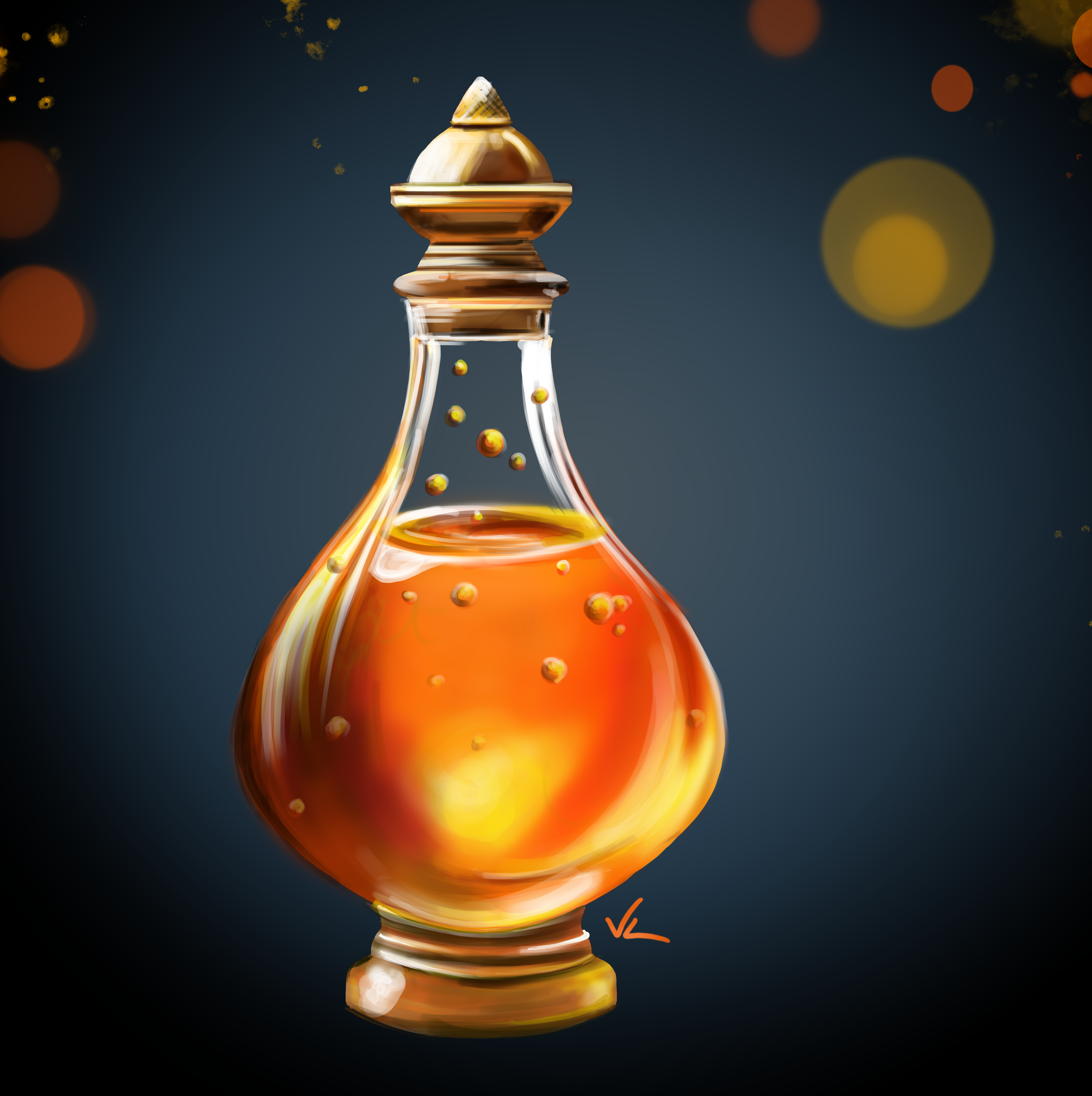 Digital art, a bottle of magical golden liquid