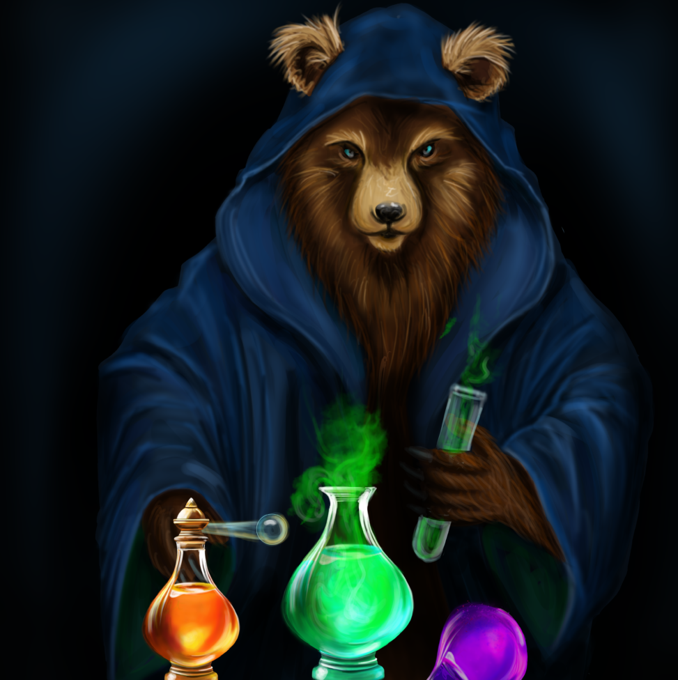 A brown furry bear alchemist. Digital art