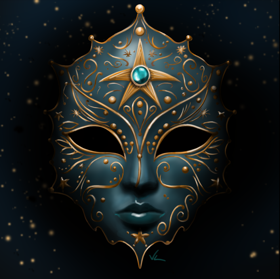 Blue mask with gold stars and patterns. Digital art