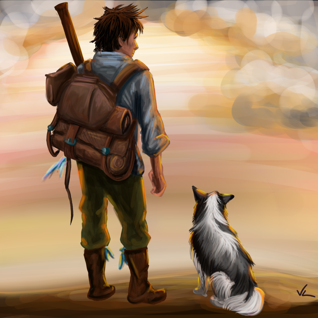 A Wanderer and his dog stand looking out at a sunset. Digital art