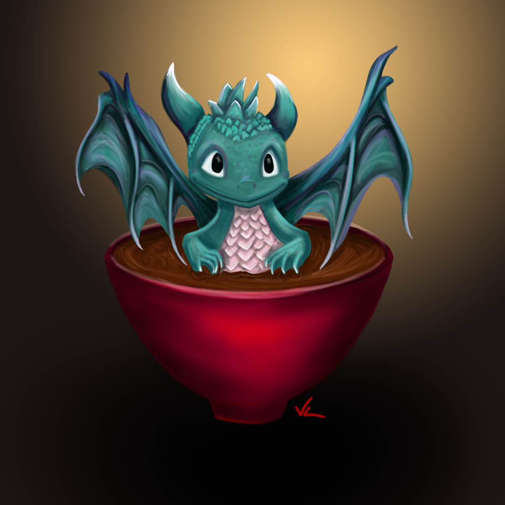 A pocket dragon bathing in soup. digital art